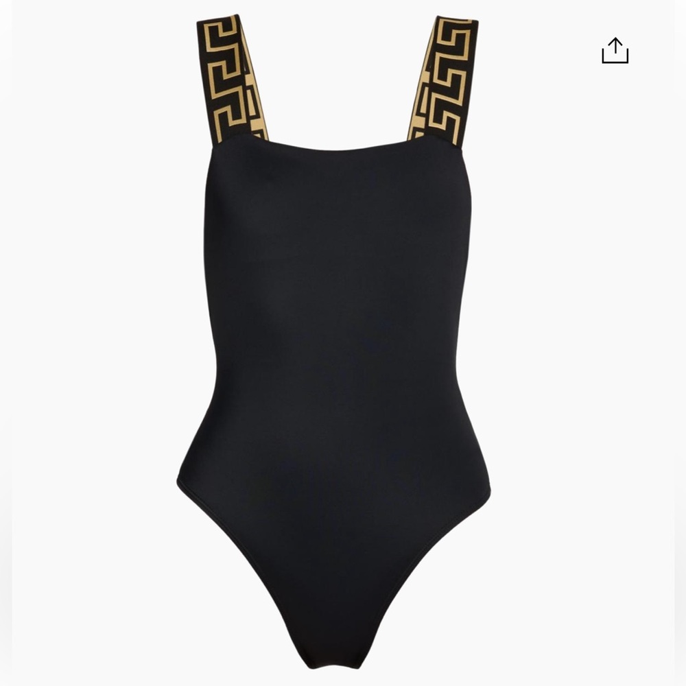 Versace Black One-Piece Swimsuit with Gold Greek Key Straps